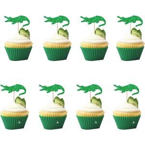 24Pcs Crocodile Cupcake Toppers, Green Glitter Themed Birthday Party Decorations